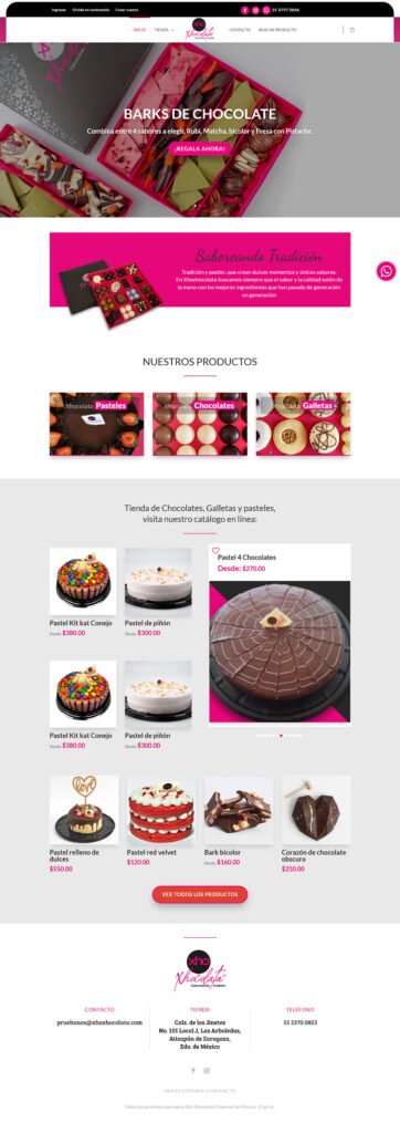 Tienda en línea Xho Xhocolata, chocolatería Boutique, Desarrollo eCommerce personalizado